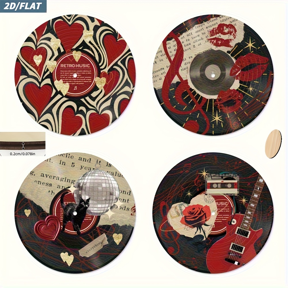 TEMU 2d Flat, 2d Flat Printing 4pcs Vinyl Record Wooden Wall Decoration, Multifunctional Hanging Art Set(heart, Lips, Disco Ball, Guitar, Tape