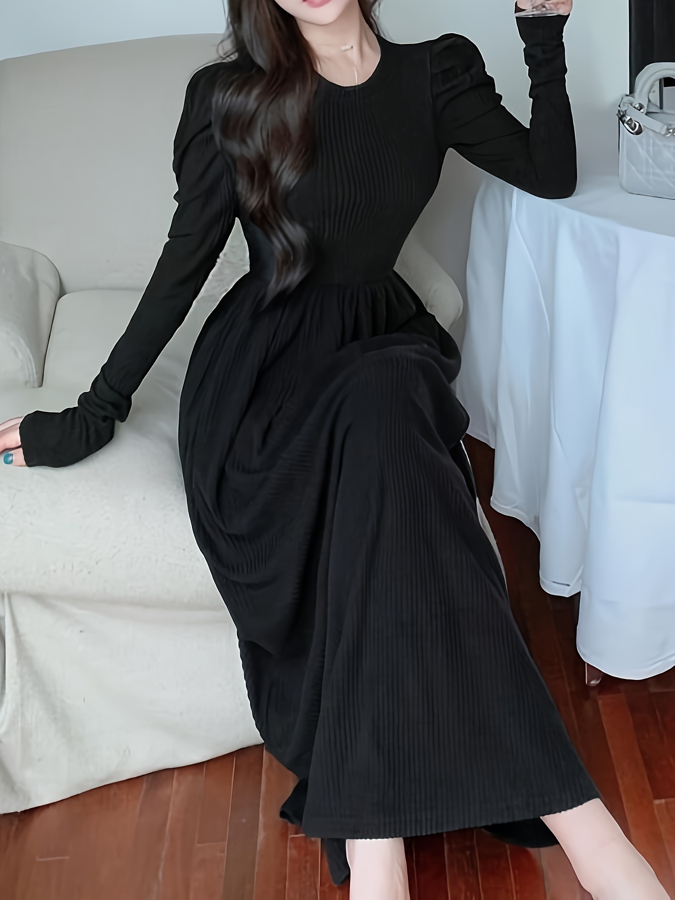 x6400 womens long waist gathered bubble sleeve black