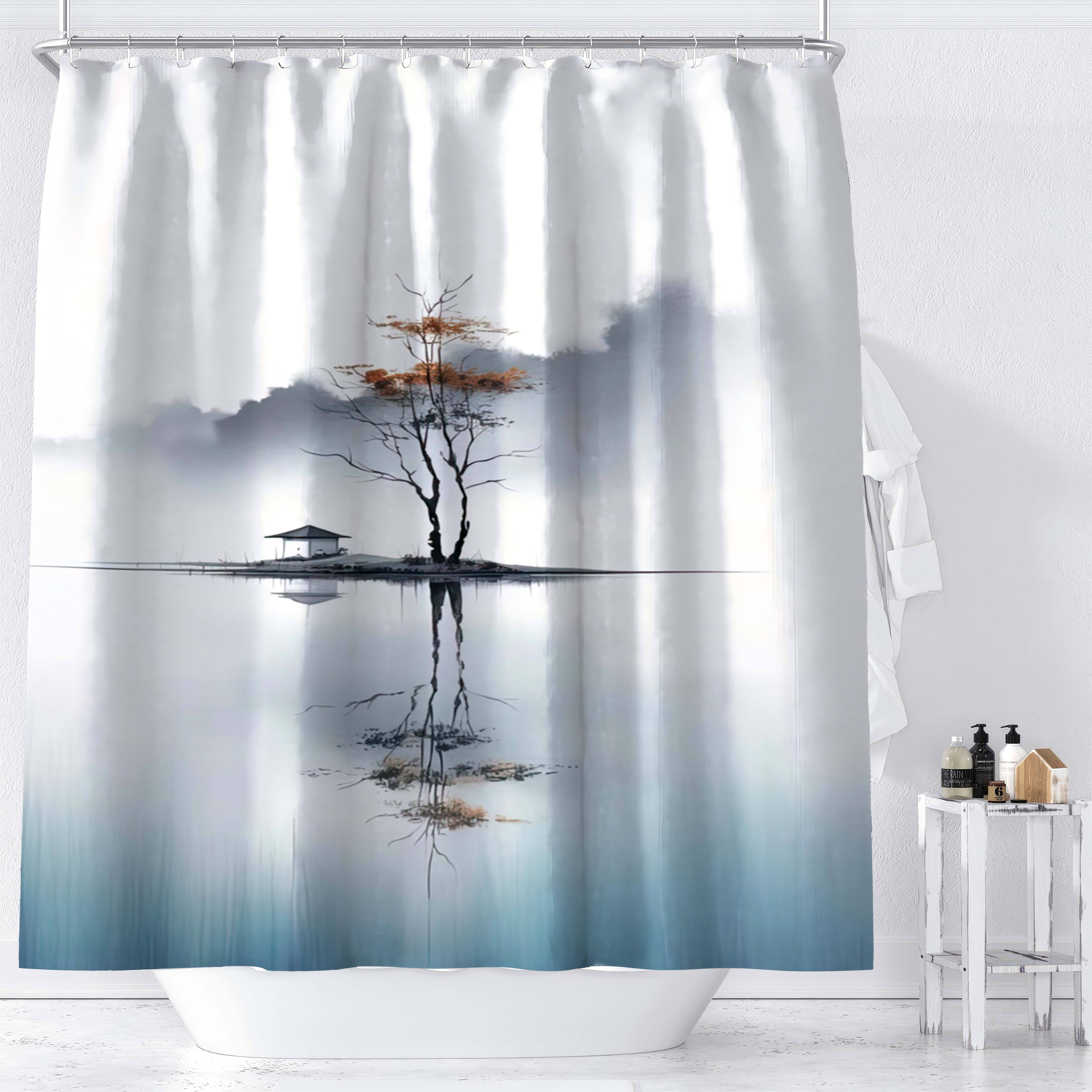 

1pc Zen Nature Shower Curtain, Chinese Ink Painting Landscape With Trees & Lake, Digital Print, Water Resistant Bath Decor, 70.87x70.87 Inches