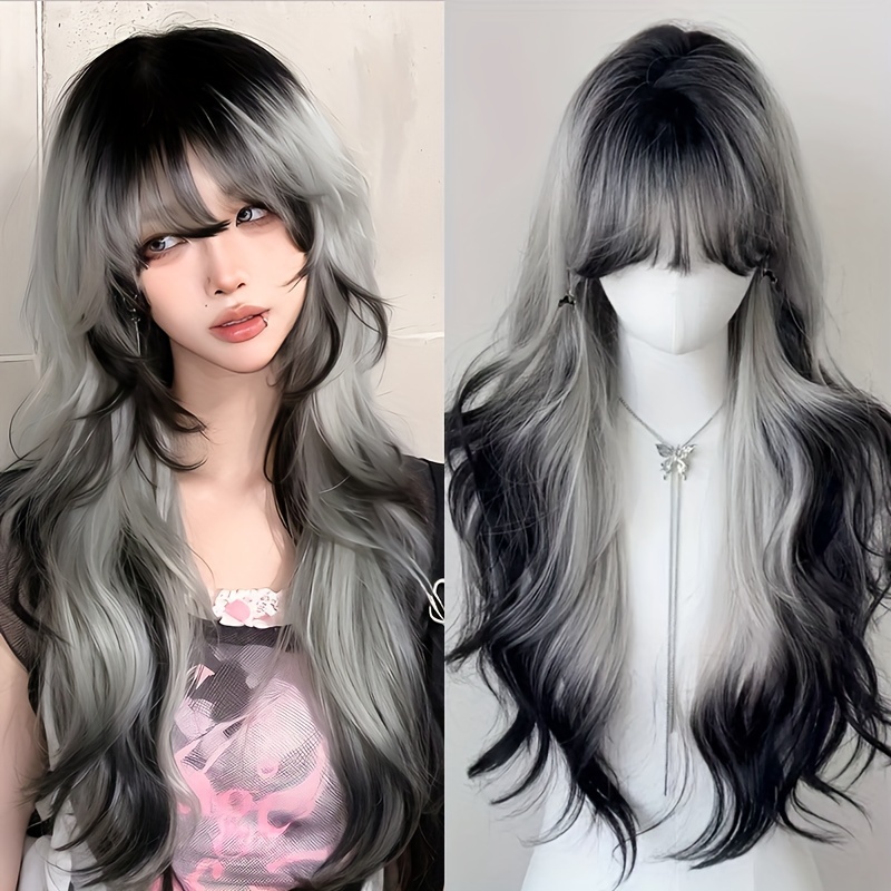 

Elegant Women's Long Curly Wig Set - Black To White Gradient With Bangs, Coverage, High-density 100% Loose Curly Style, Heat-resistant Synthetic Fiber, Ideal For & Cosplay