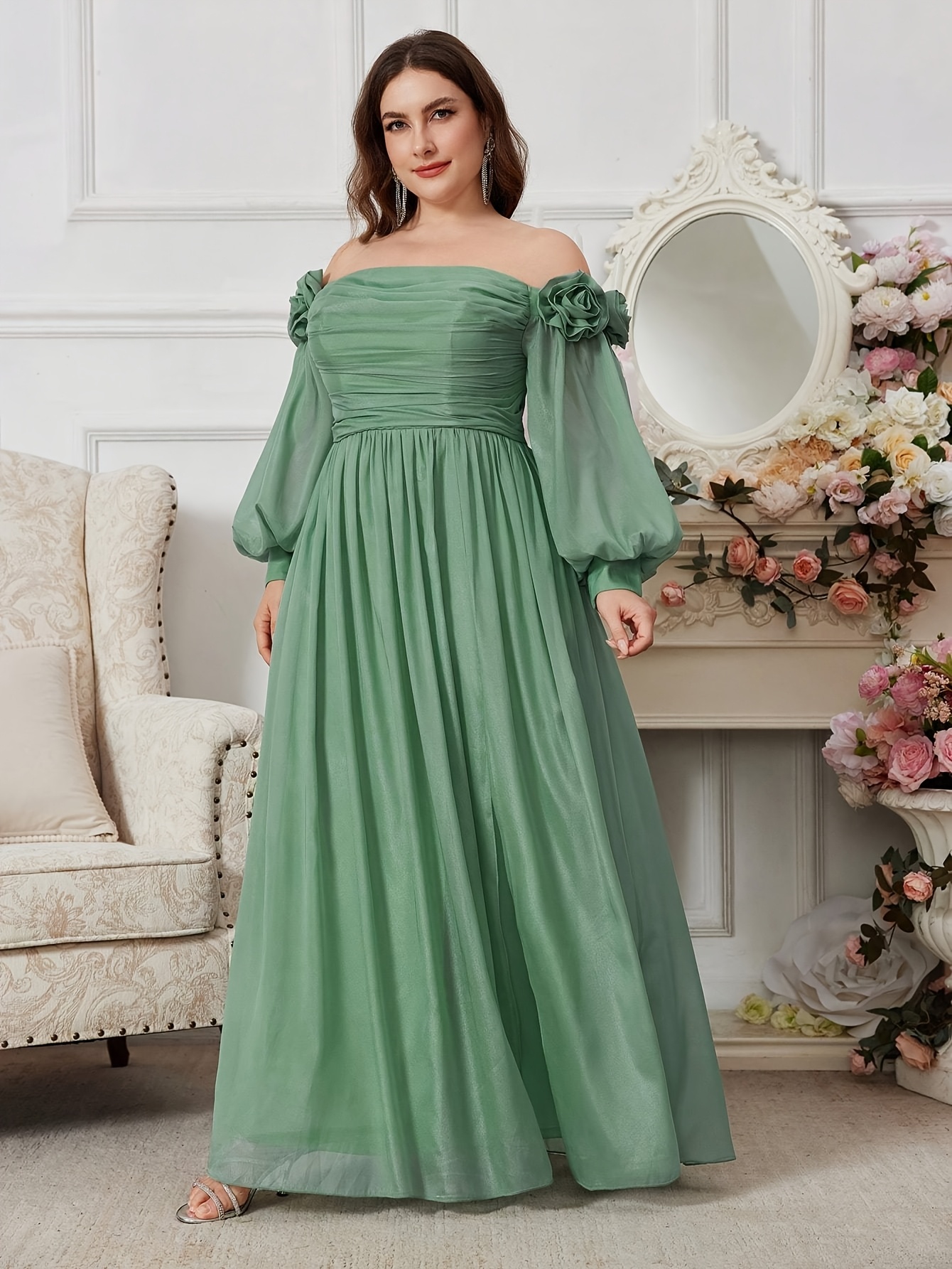 slim fit dress slacks Zapaka Women Sage Green Chiffon Long Sleeves Bridesmaid Dress Ruched A Line  Off The Shoulder Wedding Guest Dress – ZAPAKA main image 1