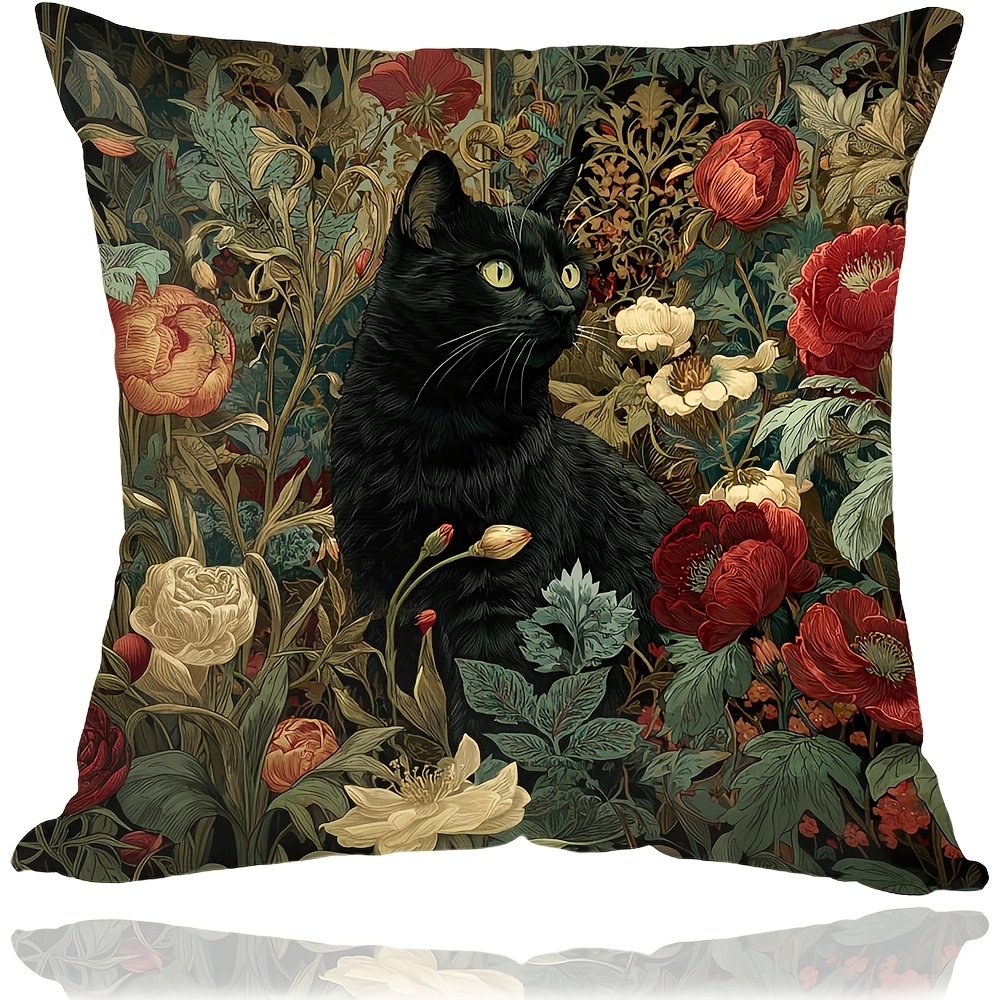 TEMU William Vintage Floral And Black Cat Cushion Cover Red And Black Plant Pattern Cushion Cover With Zipper Closure, Suitable For Sofas, Beds, And
