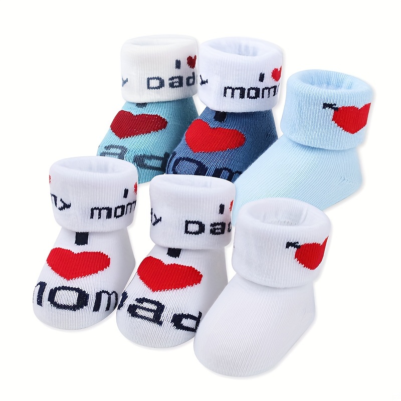 

6 Pairs Of Newborn Baby's Cute Knitted Socks, "i Love Mom I Love Dad" Printed Socks For All Seasons Wearing