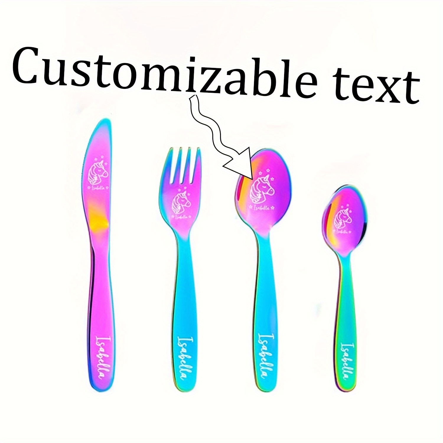 

Personalized & Unicorn Stainless Steel Cutlery Set - Engraved Spoon, Knife, And Fork Name - Kitchen Tableware For , , Or