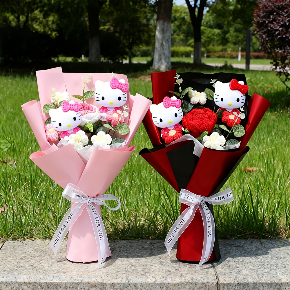 TEMU A Hello Kitty Figure From Sanrio, Holding Artificial Flowers, Perfect For Home Or Wedding Decor. This Creative Bouquet A Great Gift For Valentine's Day, Christmas, Graduation
