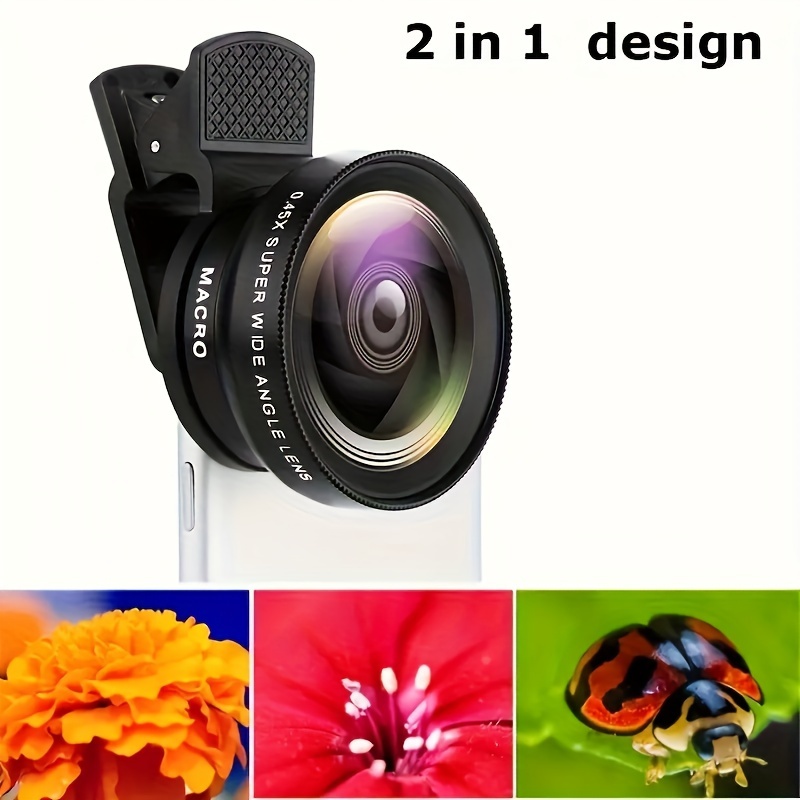 Kit de lentes 2 en 1 para cámara de smartphone con gran angular y macro, material ABS, compatible con la mayoría de los teléfonos