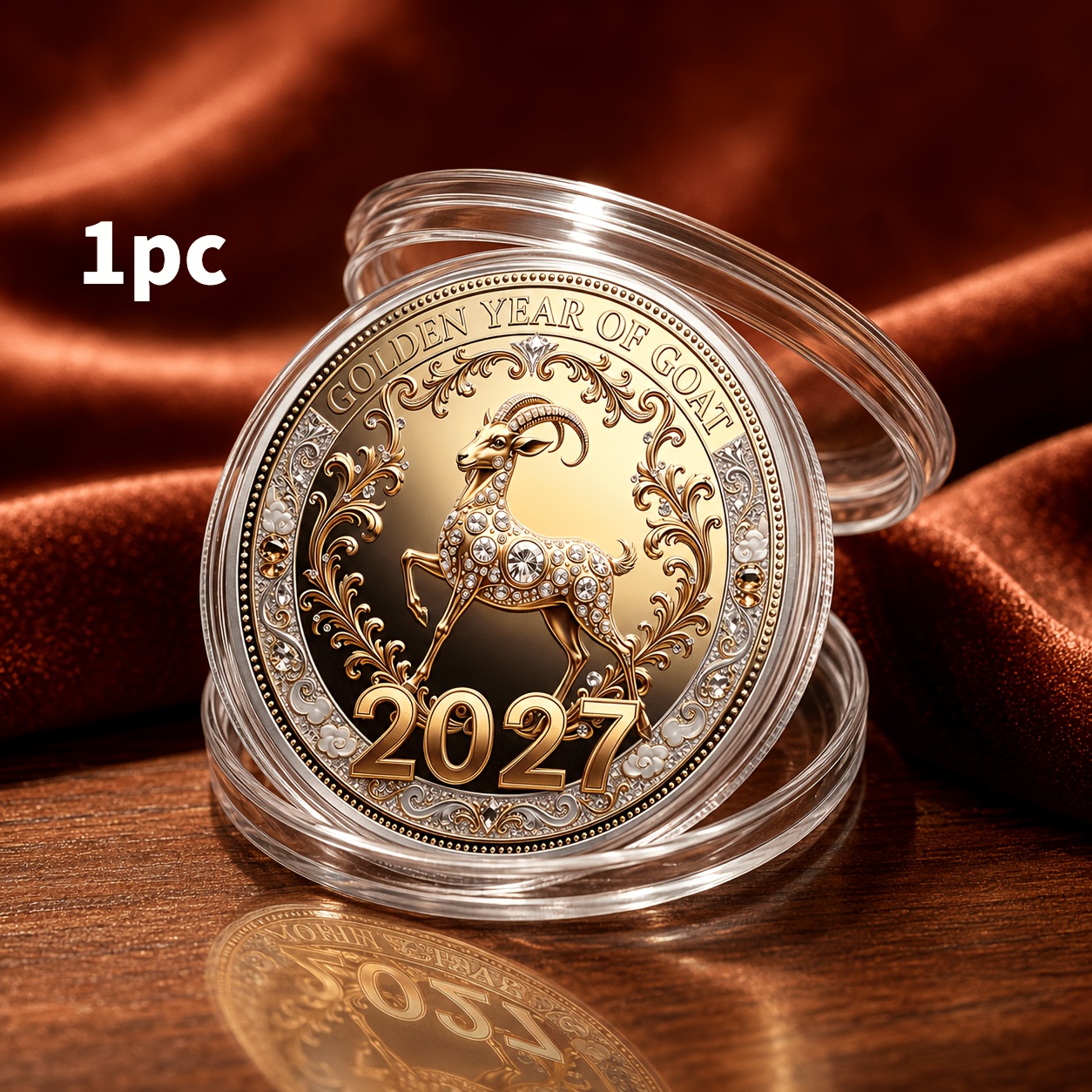 TEMU 2d Flat 2027 Year Of Goat Commemorative Coin, Double-sided Flat Printing Challenge Coin, New Year Souvenir Token, Collectible Zodiac Badge,