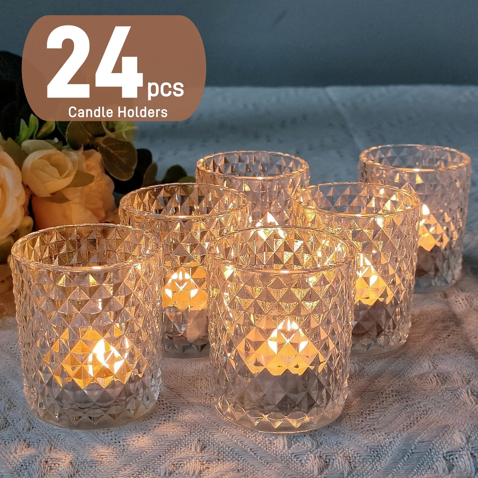 TEMU 24 Pack Clear Votive Glass Candle Holders, Tea Light Candle Holders For Wedding Decorations, Table Centerpieces, Home Decorations And Holiday