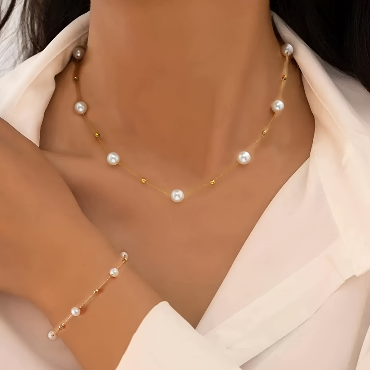 TEMU 1 collar + 1 pulsera/juego de collar y pulsera elegante con de perla de