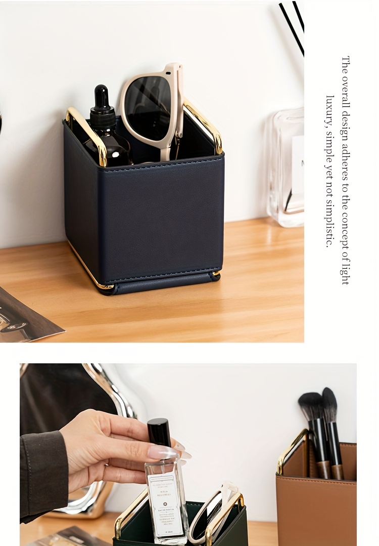 1pc of lightweight   leather storage tube makeup brush organizer vanity eyebrow and eyeshadow brush holder metal frame leather pen case desktop remote   storage box stylish square storage box multifunctional shelf living room countertop organizer fashionable high quality item Product details 5