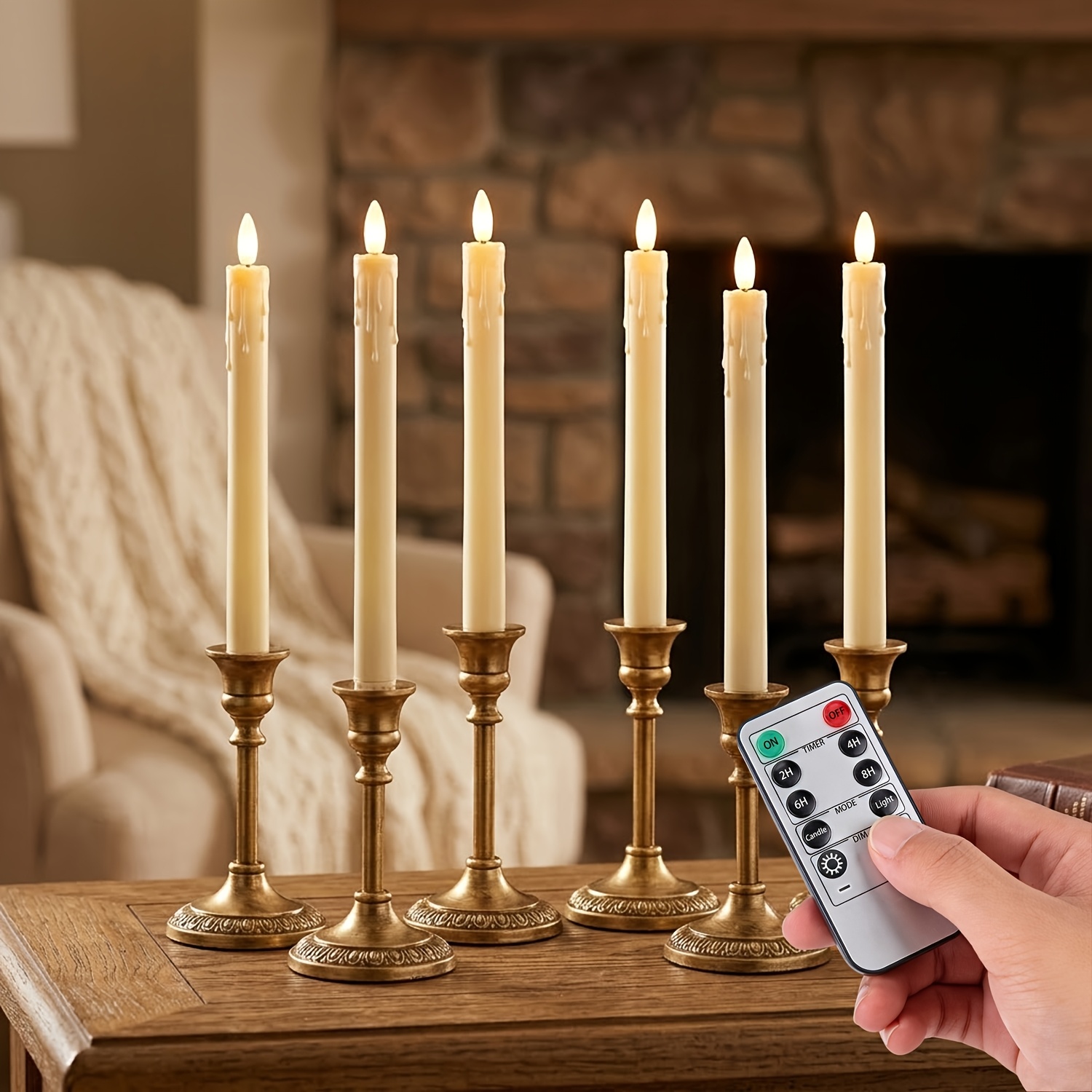 TEMU Junjoyce 6pcs Flame-free Cone Candles With Remote And Timer, 9.6-inch Ivory Led Candle Sticks, Battery Powered, Fireplace Christmas Non-dripping