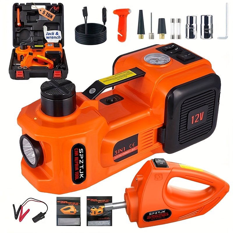 12V DC 5 Ton Electric Hydraulic Car Jack Set, a 3-In-1 Hydraulic Floor Jack That Includes a Tire Inflator, LED Flashlight, And Electric Impact Wrench, Designed for Vehicle Repairs And Tire Changes for Cars, Suvs, And Trucks, Ideal for Emergencies