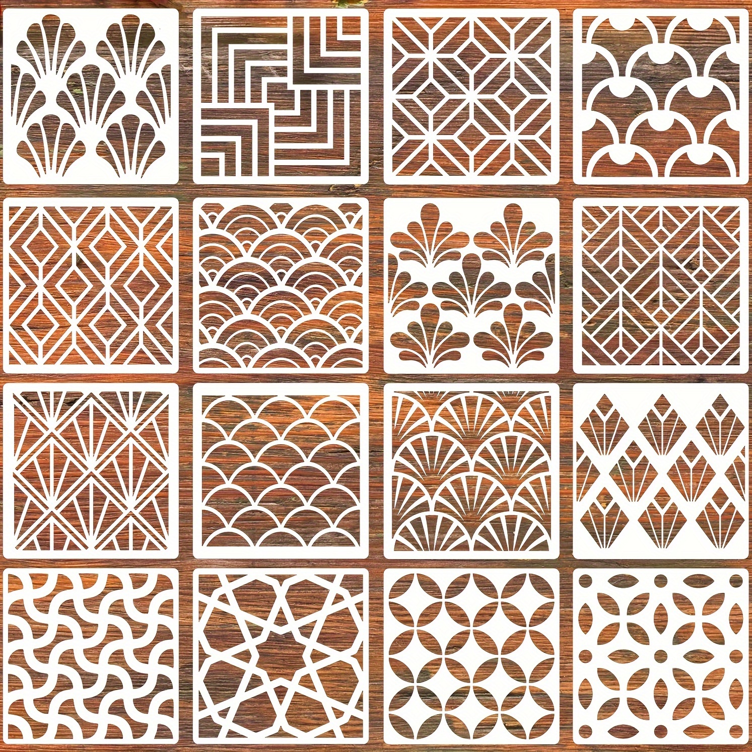 

16pcs Tile Stencil Wall Stencils For Crafts Reusable Geometric Pattern Texture Stencils For Floor Drawing Templates For Furniture Wood Wall Canvas Fabric Painting Art Graffiti