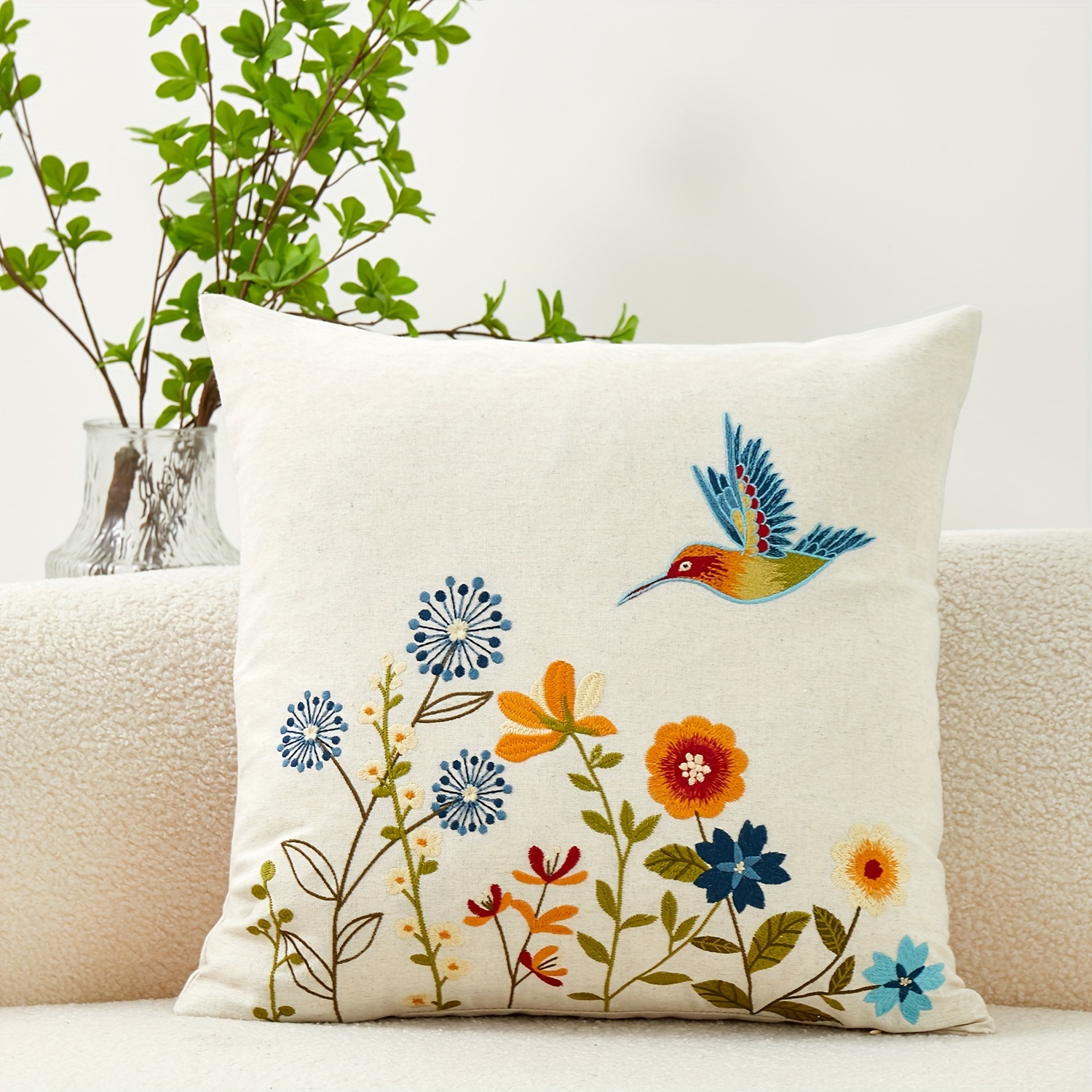 Image of 1pc, Natural Linen Pillowcase, Hummingbird Floral Pillowcase, Single Side Embroidery, Suitable For Sofa, Living Room, Bedroom Home Decoration, No Pillow Core