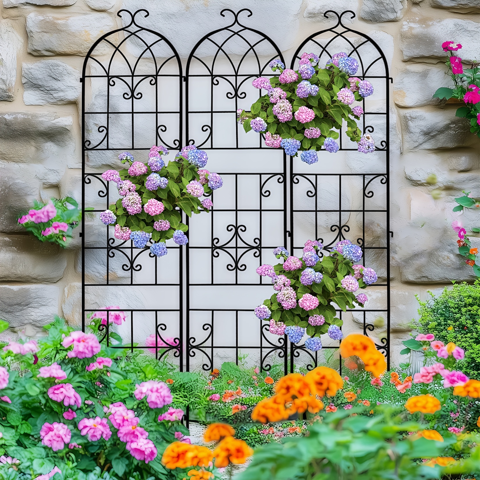 Image of 3 Pack Metal Garden Trellis 220cmx48cm Rustproof Trellis For Climbing Plants Outdoor Vegetable Flower Support Iron Trellis For Vines Rose Black