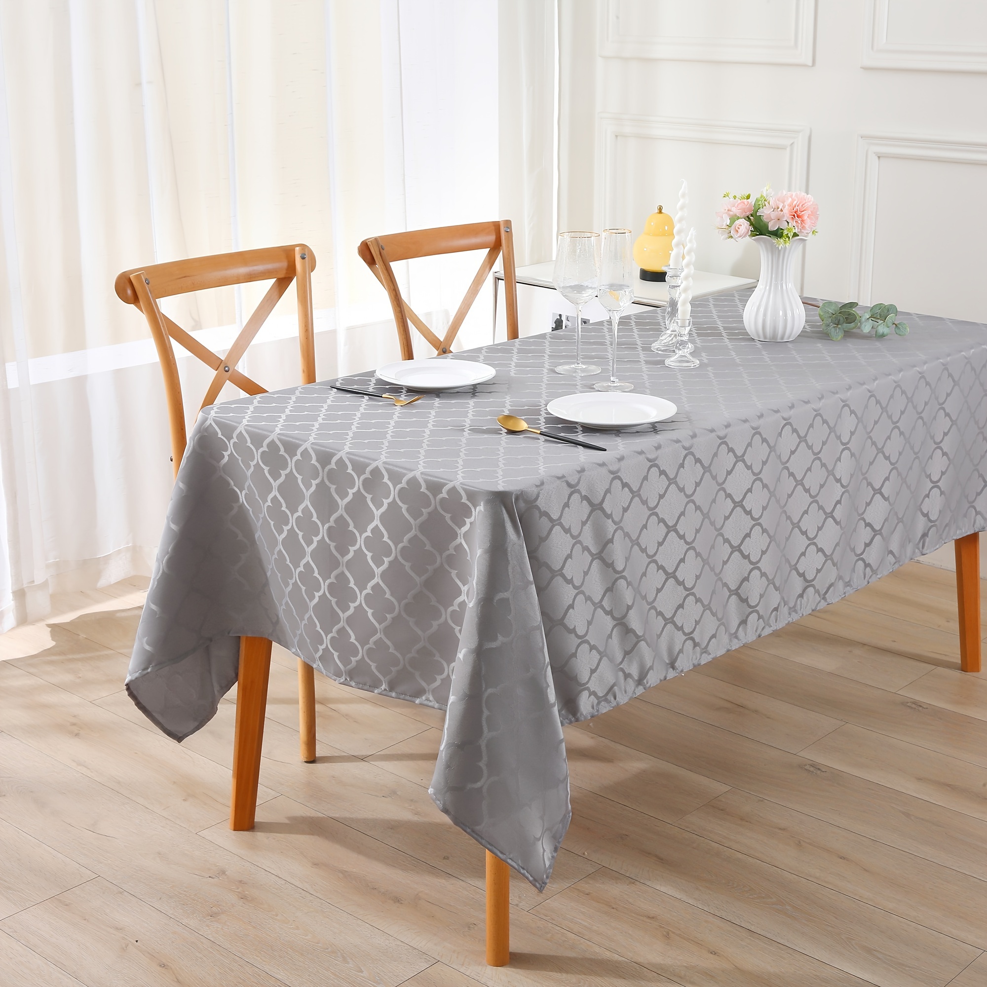 

1pc Jacquard Rectangle Tablecloth 60x84 Inch, Thanksgiving Waterproof Damask Table Cloth, Washable Decorative Fabric Table Covers For Dinner, Parties, Indoor And Outdoor, Gray