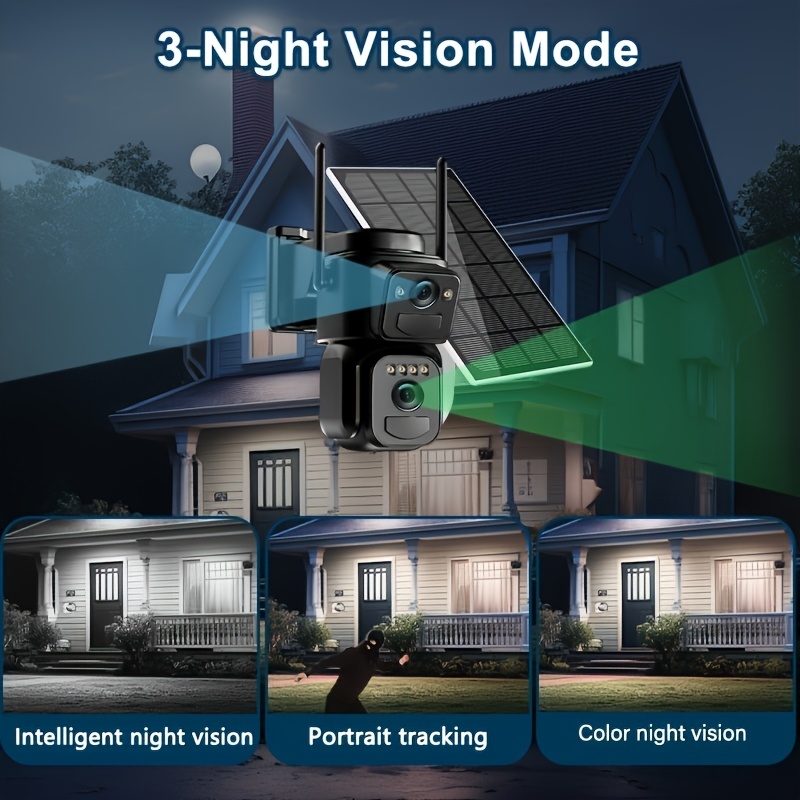 TEMU Caméra de Sécurité Extérieure Intelligente avec Panneau Solaire, Connexion WiFi Double Bande Stable, Connectivité Bluetooth, Double Objectif et