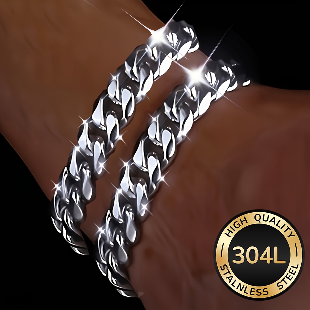 TEMU 2pcs Cuban Chain 304l Stainless Steel Bracelet, Waterproof And , Suitable For Men. Men's Jewelry Set, Fashionable Accessory, Suitable For Daily