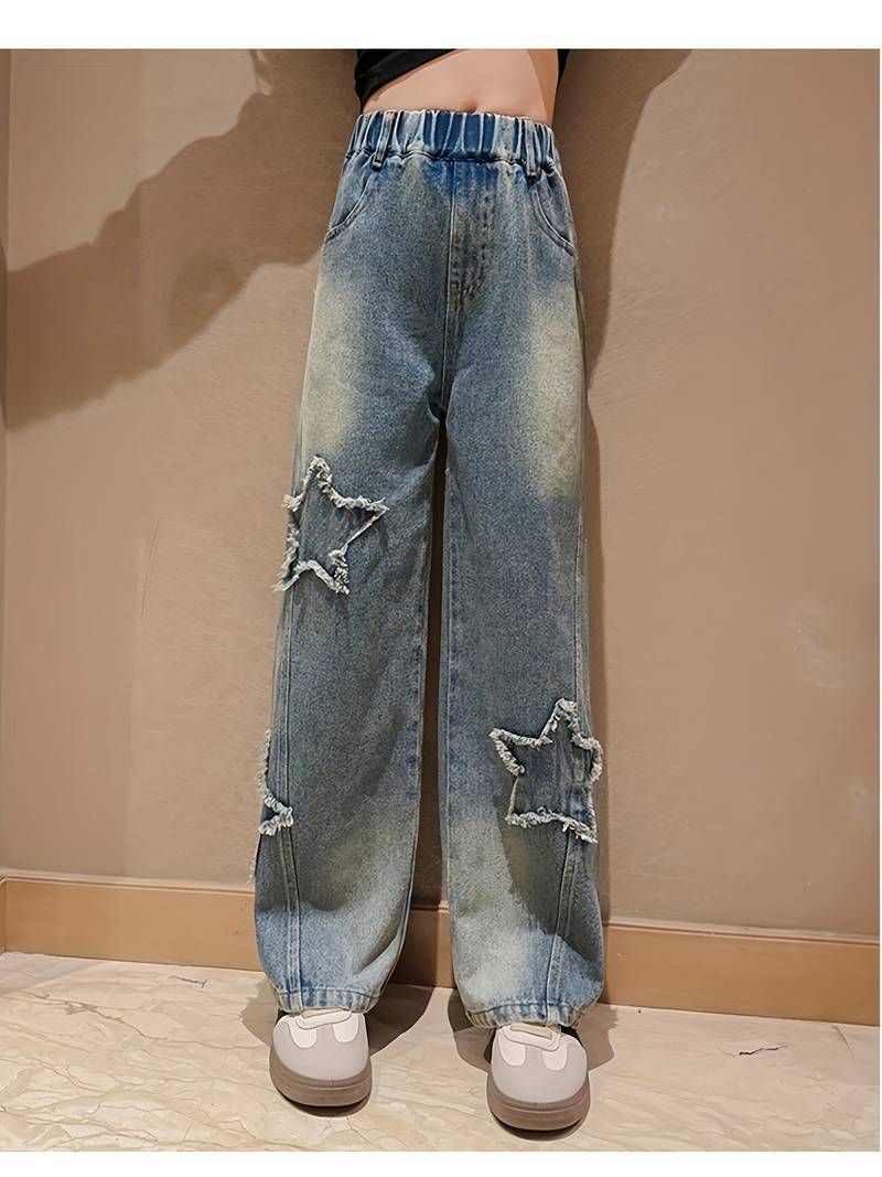 Jeans Baggy Fille Avec étoiles Déchirées - Taille élastique, Coupe Large - Pantalon Denim Décontracté Pour Ado
