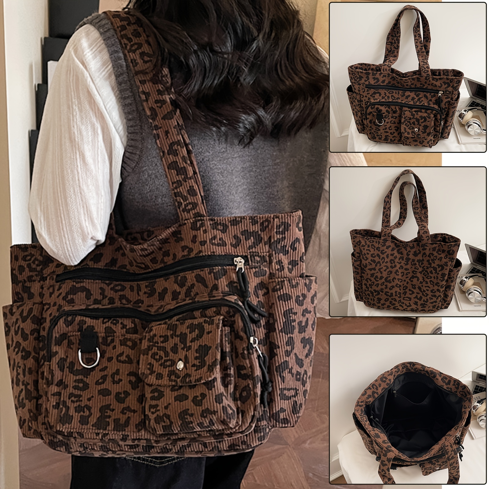 バッグ LEOPARD PATTERNED CORDUROY SHOULDER BAG new corduroy fashion vintage style leopard print large - Temu