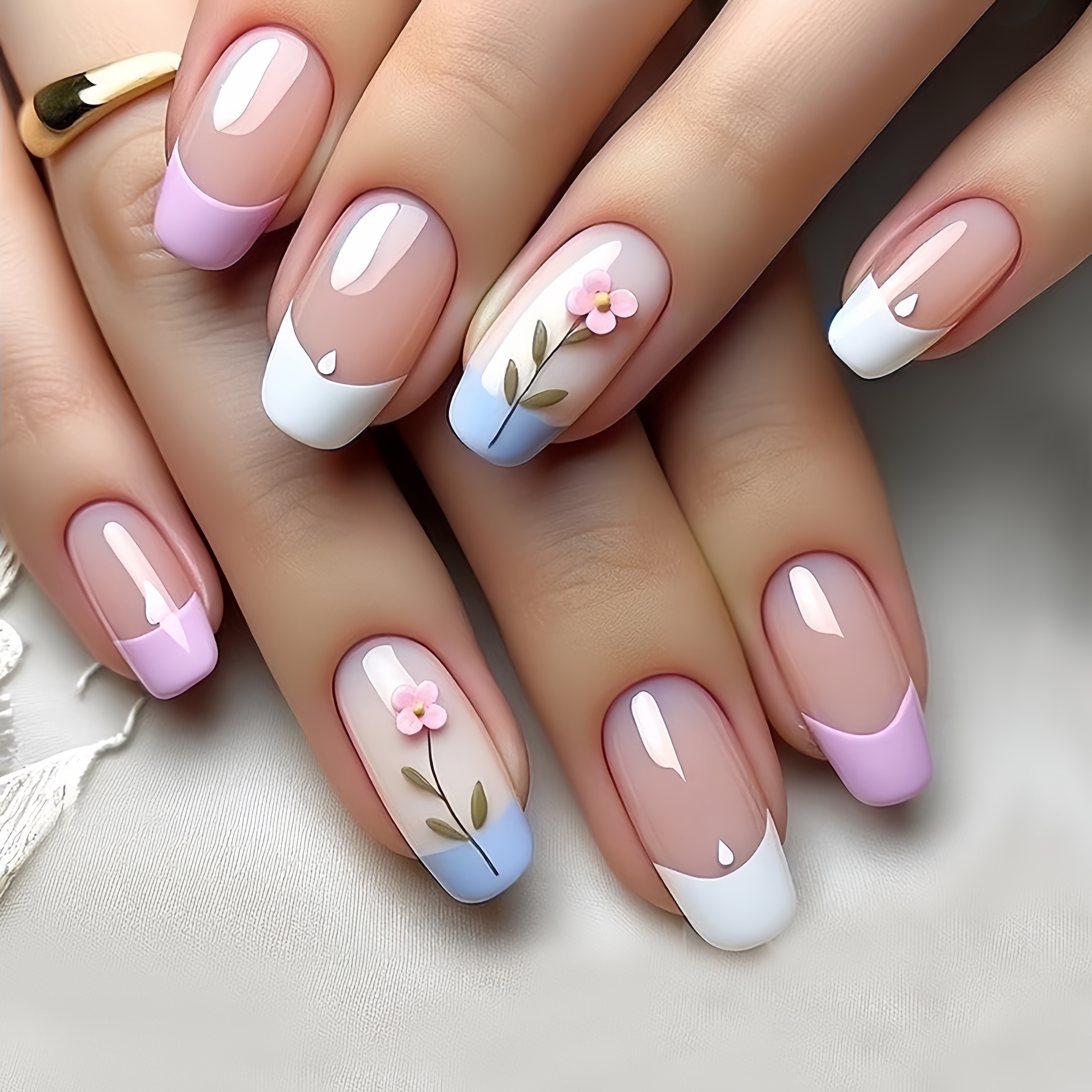 

Floral Ballet Nail Tips Set - 24pcs Medium Length Press-on Nails With Glossy Finish, Nude & Pink Tones, Plant & Flower Pattern Fake Nail Kit