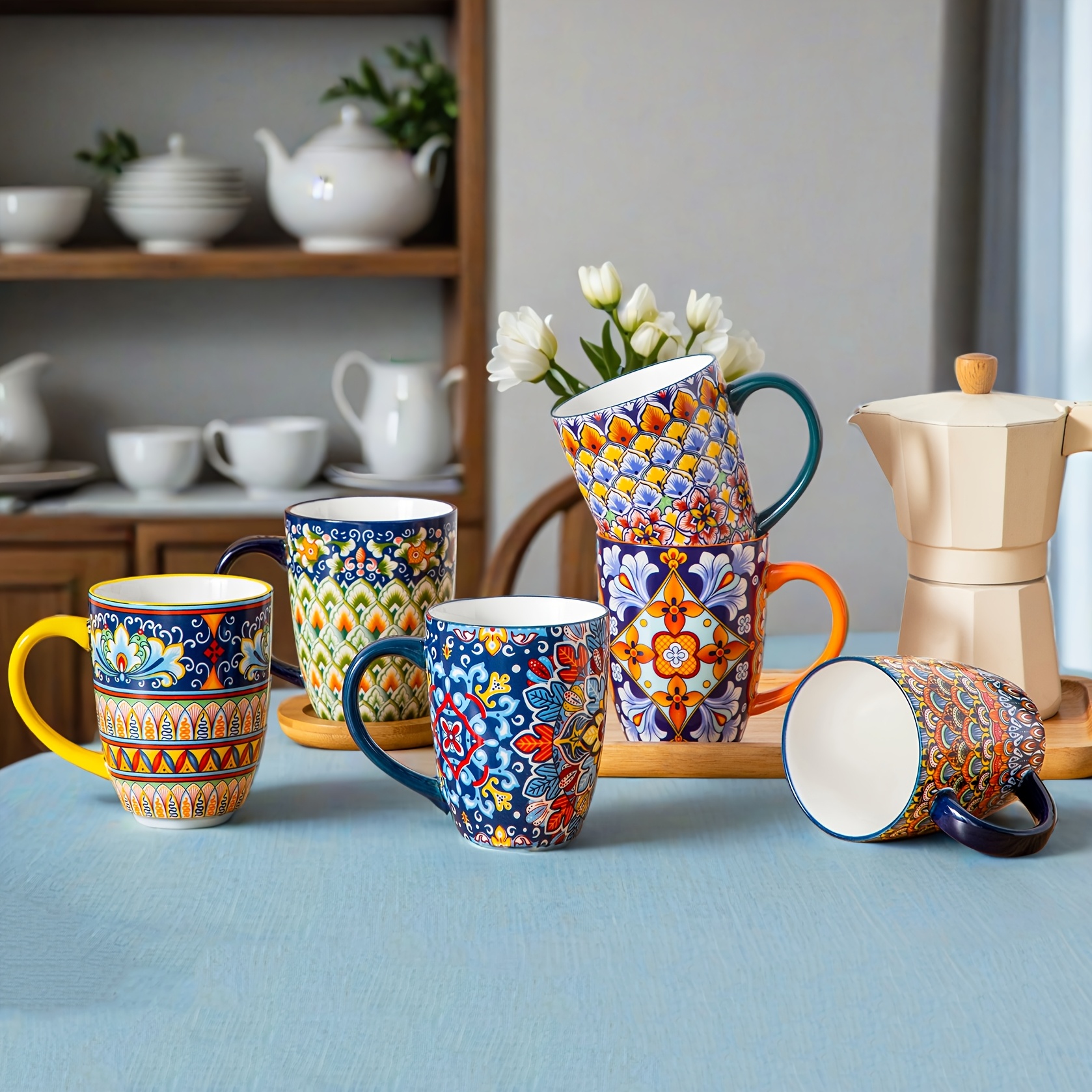 E-shop Boho Tassen Set mit 6, 16 OZ Keramik Kaffeebecher | Geeignet für Latte, Cappuccino, , Spülmaschinen- und Mikrowellengeeignet, Glatte Oberfläche,
