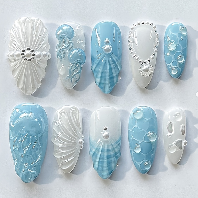 TEMU Ocean Beach Nails Almond Press On Acrylic Nails Medium Surface Glossy Summer Nails Reusable Shell 3d Water Ripple Jellyfish Rhinestone Fresh