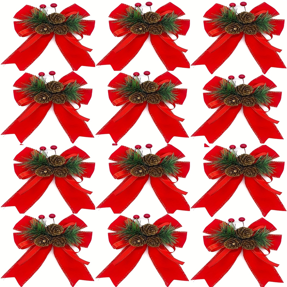 Image of 6/12pcs Christmas Bows, Pine Needle Berry Greenery With Ribbon For Tree Garland Wreath Decorations, Indoor Outdoor Party Supplies, Diy Craft Decor