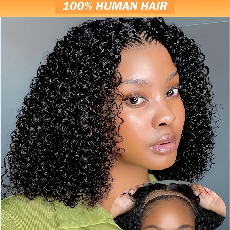 TEMU Put On And Go Wig Glueless Bob Wig Human Hair Curly For Women 4x4 Lace Front Wig Human Hair Pre Pre Cut Lace 180% Density Natural Black