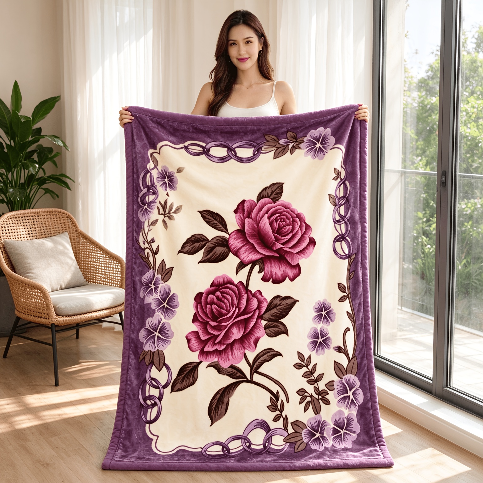 TEMU Un cadeau pour - une couverture de canapé douce en flanelle à motif floral violet, une couverture de télévision vintage et une couverture cadeau