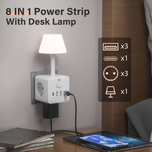 1pc 1pcs 1pc (1pc) 1pc 8-in-1 Power Strip with Dimmable LED Lamp, USB/Type-C Charger & Surge, Adjustable Light, Switch-Controlled Outlets, European Plug Suitable for /Office, Bedside & Device, 220-240V