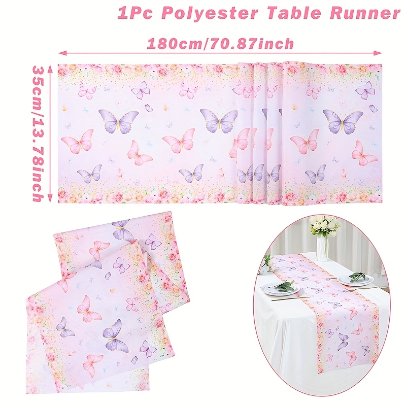 Image of 1pc, Theme Table Runner, Pink Purple Table Cover, Perfect For Dining & Kitchen, Suitable For Spring & Birthday Party, For Baby Shower, Wedding, , Birthday Decor