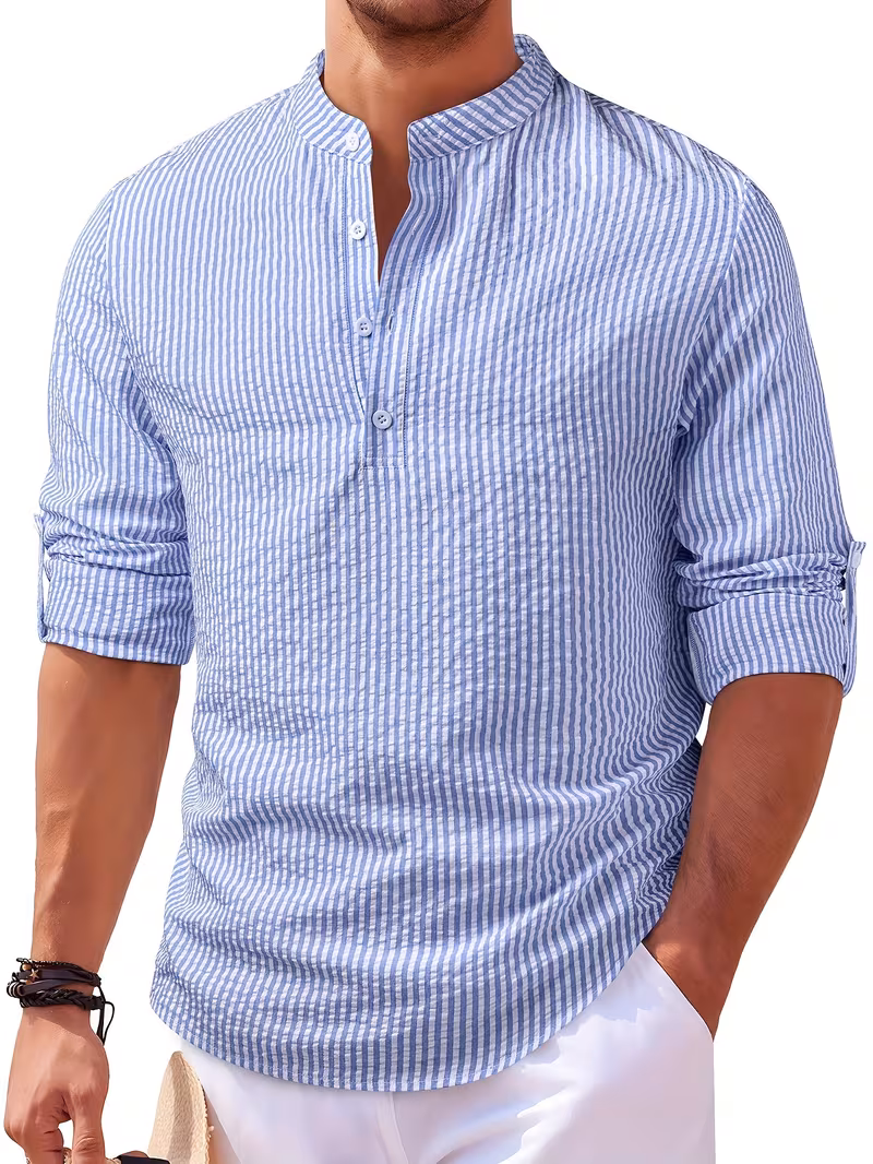 mens textured random print blue and white striped open front single breasted small lapel long sleeve casual shirt light blue 0