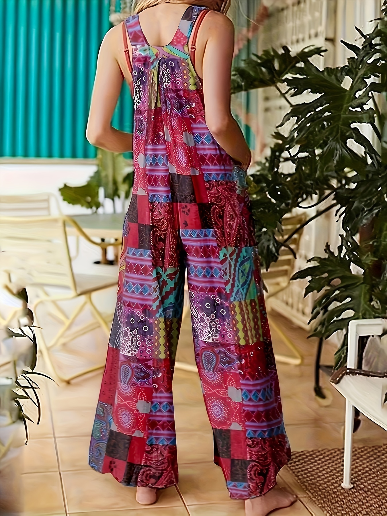 Geometrical Pattern Print Overall Jumpsuit, Casual Button Decor Sleeveless With Pocket Overall Jumpsuit For Spring & Summer, Women s Clothing details 1