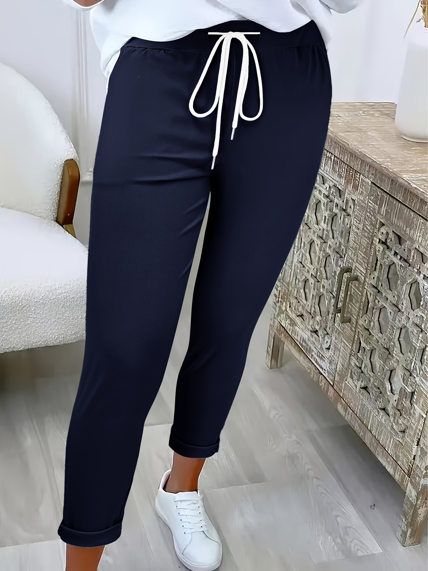 womens solid color casual wide pants with elastic drawstring waist trousers suitable for casual attire semi formal attire machine washable solid color pants