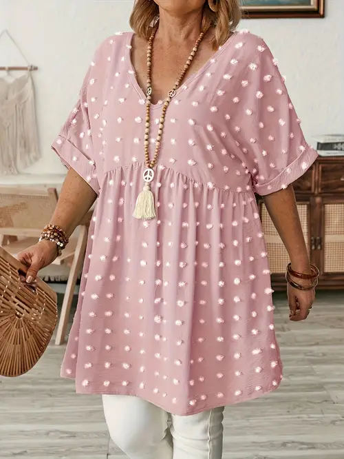 womens plus size v neck batwing sleeve blouse casual length ruffle hem stretchy polyester machine washable black with white dot for spring summer fall