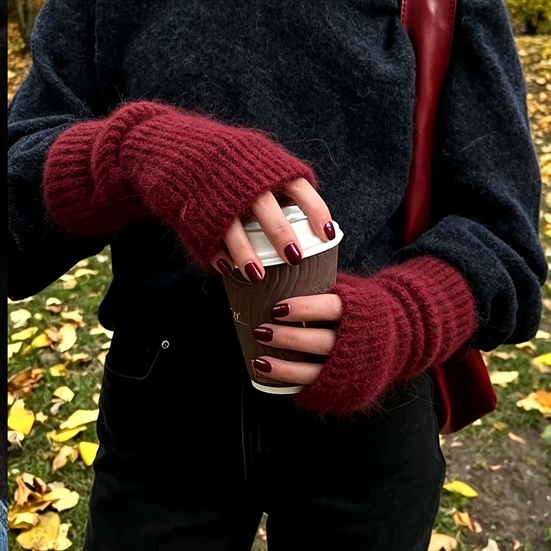 TEMU Autumn/winter Fluffy Half-finger Wrist Guards, Women's Vertical Stripe Warm Fingerless Arm Sleeves For Outdoor Commuting, Office, And Cold