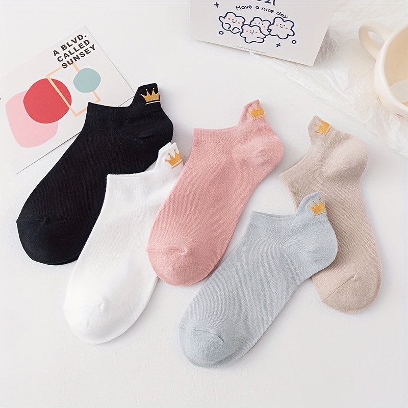 

5 Pairs Crown Pattern Socks, Casual & Lightweight Low Cut Ankle Socks, Women's Stockings & Hosiery