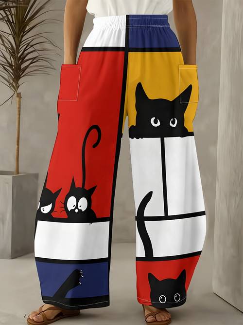 item picture style hide and seek black cat print wide leg pants womens and cool casual fashion trousers