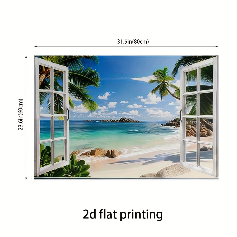 TEMU 1pc 2d Flat Framed Canvas Artwork, Window Wall Sticker Of , Trees And Ocean Scene For Home Decoration, Measuring Ready To Hang, Quality Canvas,