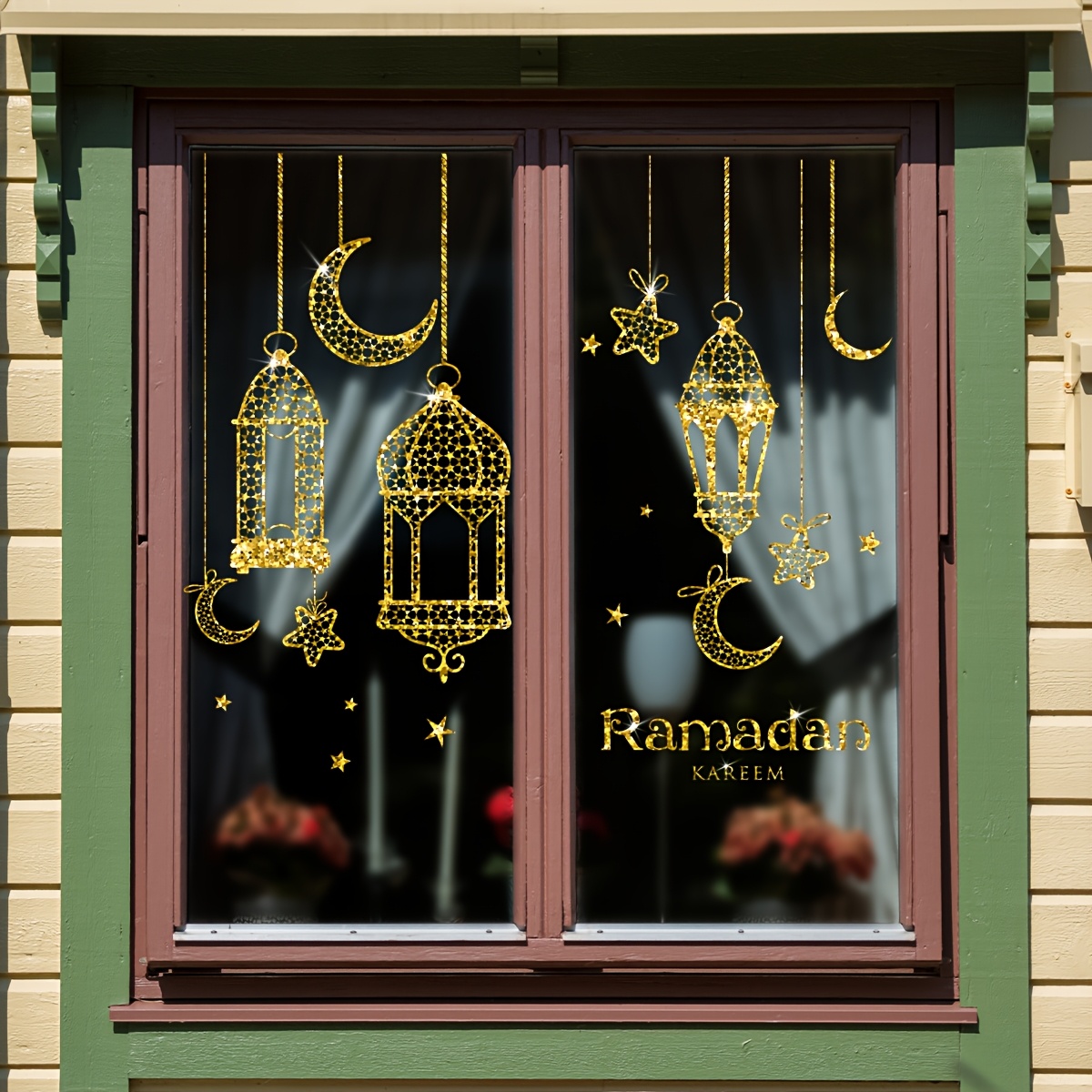 

A Set Of 2 Ramadan Lanterns, Moon, Glass Stickers, Double-sided , 20 Silk Window Glass Decoration Stickers, Self-adhesive D12007-yx