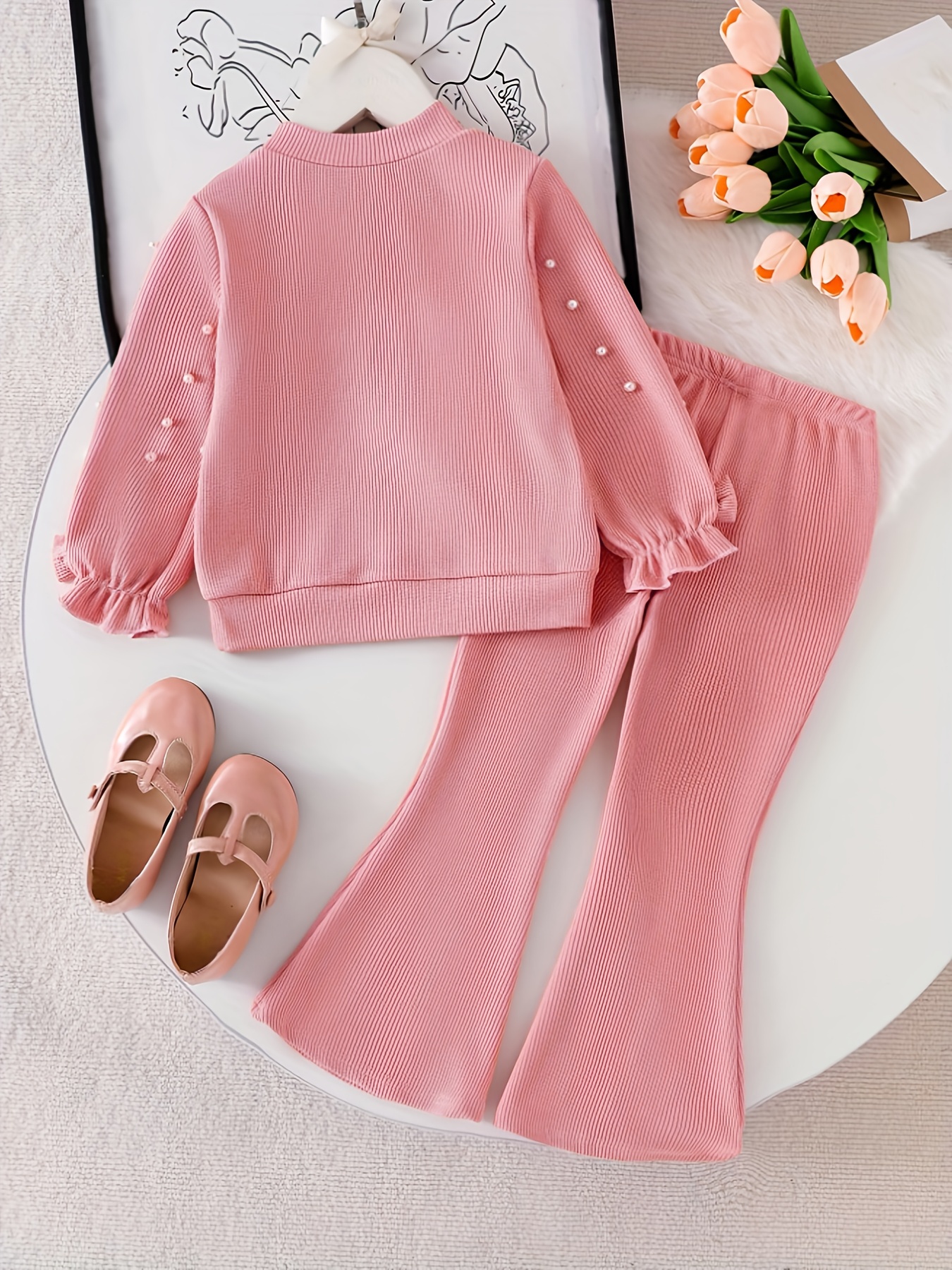 Girls' Long Sleeve Solid Color T-Shirt with Pearl Bow Decor