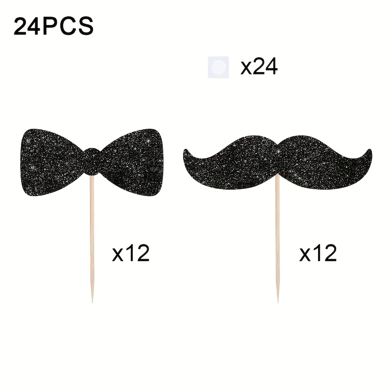 24-piece Set, Mustache And Bow Tie Cupcake Toppers, Bamboo Cupcake Picks, Father's Day Cake Decorations, Birthday Cake Decorating Supplies