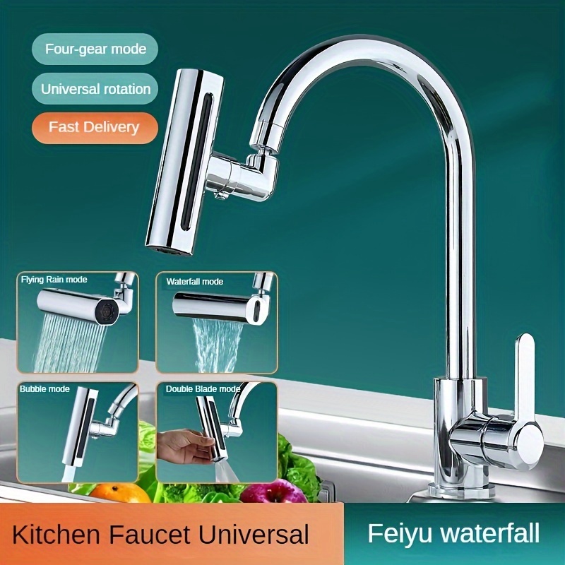 

1pc Universal Kitchen Faucet, Rotatable 4-speed Splash-proof Waterfall And Rain Modes, Soft Bubble Stream, Brass Nozzle With Leak-proof Gasket