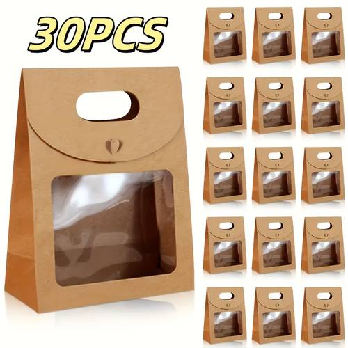 60pcs brown small paper gift boxes with heart clear window sturdy handheld party favor boxes for birthdays weddings celebrations events high quality decorative treat boxes christmas halloween 6 3x4 7x2 5inch