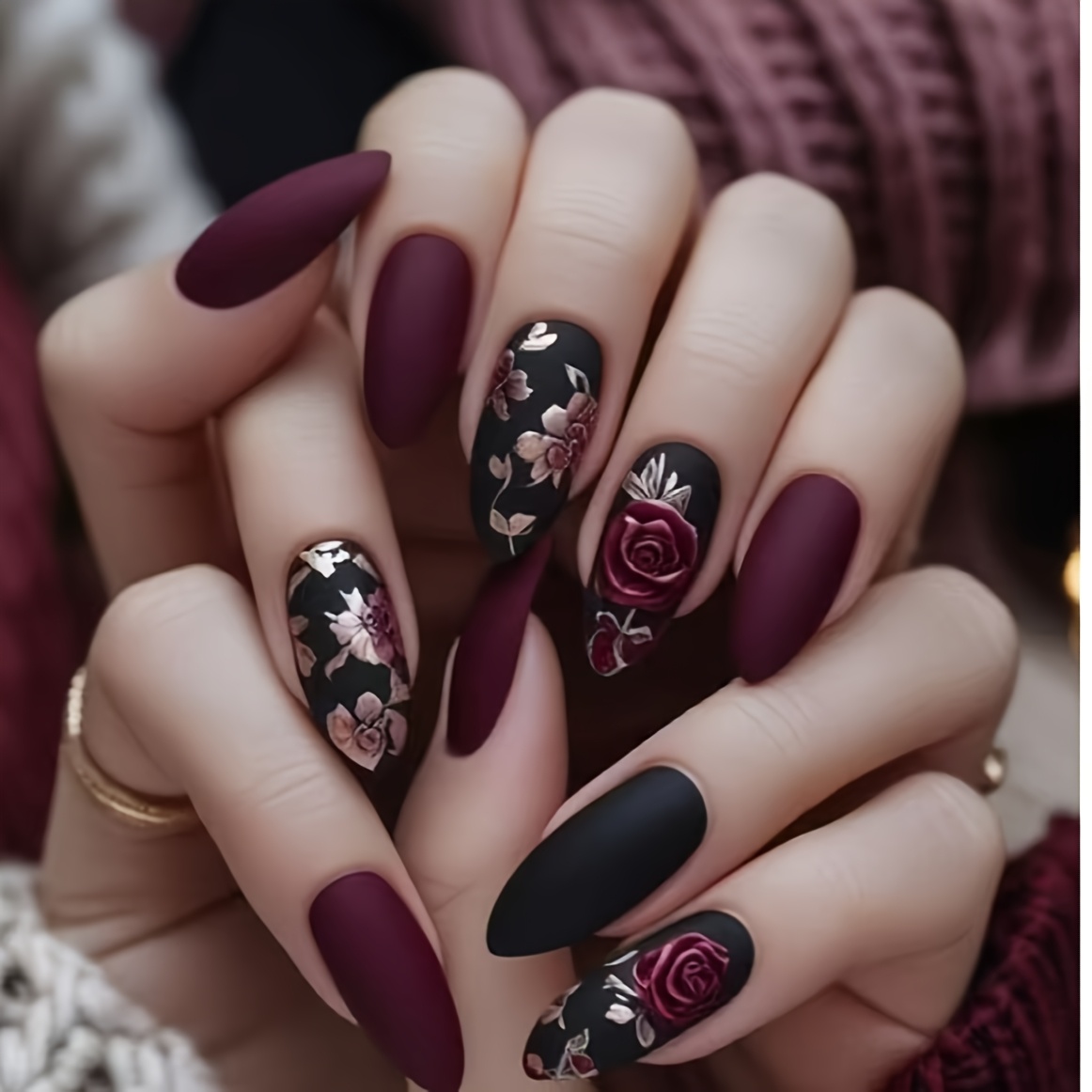 Image of 24pcs Set Of Dark Red Almond-shaped Nail Art Patches For Year, Fashionable Spring And Summer Nail Art Patches With Plant Flower Patterns