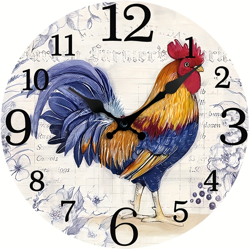 TEMU Horloge Murale Silencieuse au Design Coq Vintage - Fonctionne sur Piles, Décoration Maison Ronde en Bois, Piles Non Incluses