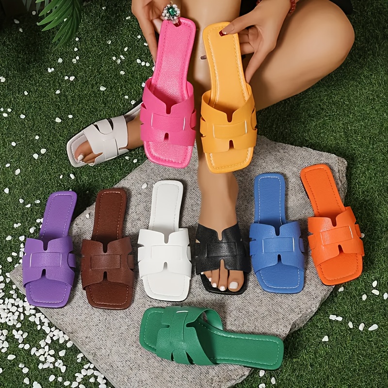 Women'S Flat Sandals - Colorful Square Toe Slip-On Shoes with Faux Cover Upper & Sole, Casual Summer Monogram Footwear in White, Pink, Yellow, Blue, Green & More, Everyday Sandals | Square Toe Design | Synthetic Cover Sandal