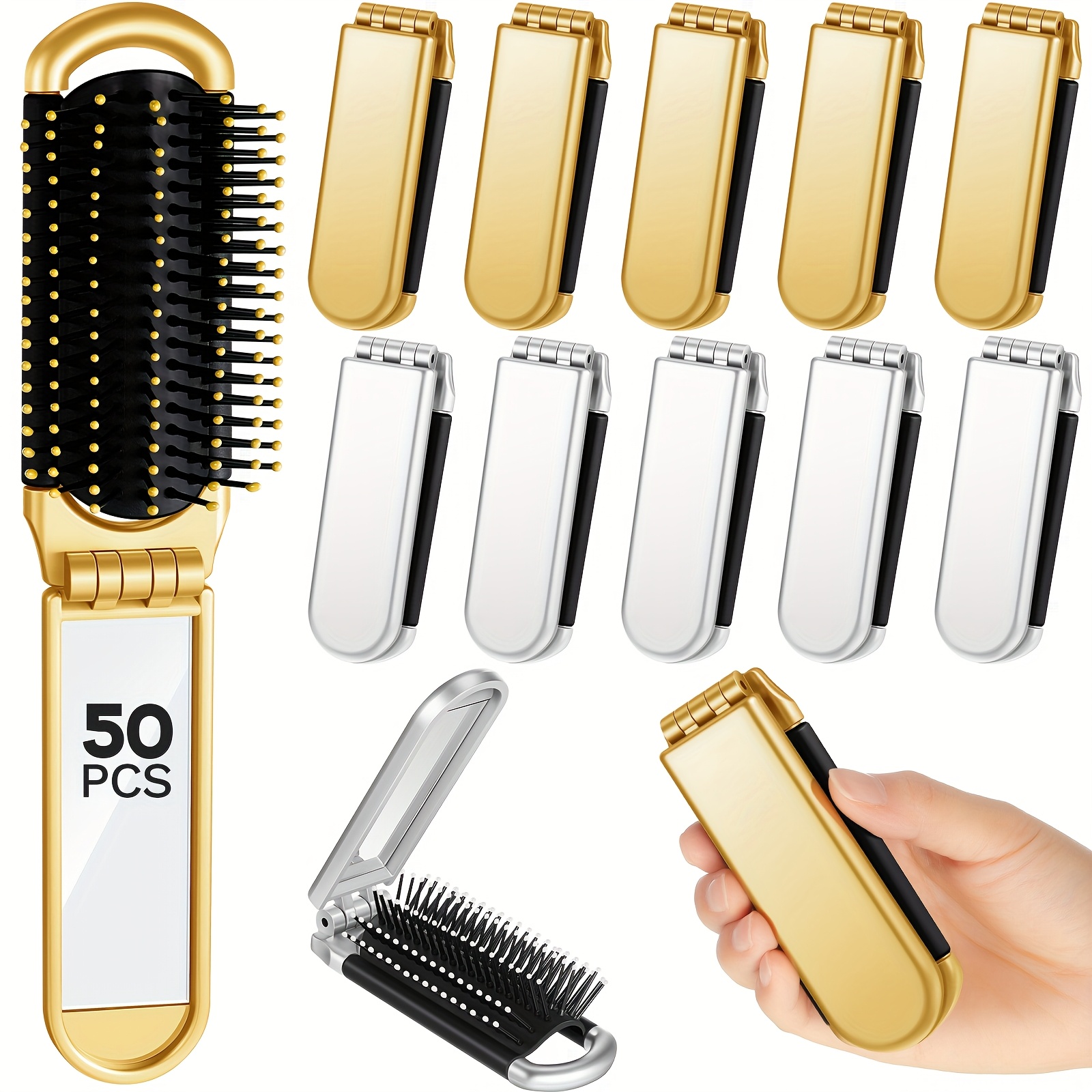 TEMU 50pcs Travel Brush Compact Portable Folding Hair Brush With Mirror Bulk Pocket Size Mini Hair Brush For Men Women Hair Styling Purse Car Locker Toiletry Bag(golden, Silvery)