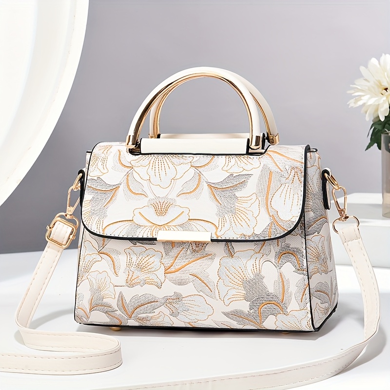 Elegant Floral Print Women's Handbag - Stylish Crossbody Bag with Golden-Tone Hardware, White Base & Black/Beige Floral Pattern, Lightweight & Spacious for Everyday Use